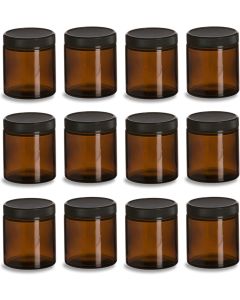 Amber Glass Straight Sided Mason Canning Jars - [6 oz, 63 mm Black Plastic Lids, Case Of 12]