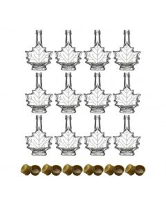 Maple Leaf Syrup Bottles with Metal Lids [1.7 fl oz, 50 ml, Clear Glass, Gold Metal Lids, Case of 12]