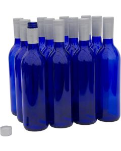 Bordeaux Wine Bottles with Twist-N-Seal Capsules [750ml, Cobalt Blue Glass, Silver Closures, Case of 12]