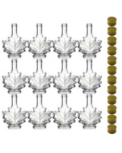 Maple Leaf Syrup Bottles with Metal Lids [3.4 fl oz, 100 ml, Clear Glass, Gold Metal Lids, Case of 12]