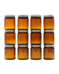 Amber Straight Sided Mason Jars with Metal Lids [9 oz, Amber Glass, 70mm Silver Metal Lids, Case of 12]