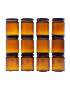 Amber Glass Straight Sided Mason Canning Jars - [9 oz, 70 mm Black Metal Lids, Case Of 12]