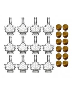 Maple Leaf Syrup Bottles with Tamper-Evident Plastic Lids [1.7 fl oz, 50 ml, Clear Glass, Gold Plastic Lids, Case of 12]