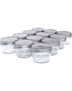 Regular Mouth Mason Jars with Safety Button Lids [4 oz, Clear Glass, Silver Metal Lids, Case of 12]