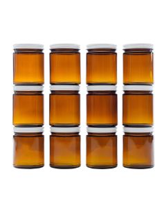 Amber Glass Straight Sided Mason Canning Jars - [9 oz, 70 mm White Metal Lids, Case Of 12]