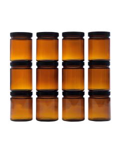 Amber Straight Sided Mason Jars with Plastic Lids [9 oz, Amber Glass, 70mm Black Plastic Lids, Case of 12]
