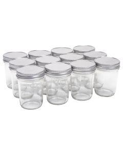 Regular Mouth Tapered Mason Jars with Safety Button Lids [8 oz, Clear Glass, Silver Metal Lids, Case of 12]