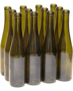 North Mountain Supply - W17-AG 375ml Glass Stretch Hock Wine Bottle Flat-Bottomed Cork Finish - Case of 12 (Antique Green)
