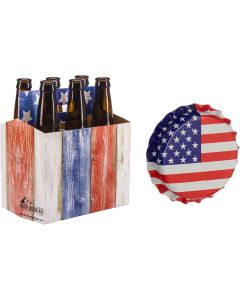 6 Pack Bottle Carriers with Crown Caps [Weathered Boards American Flag Design, Fits Standard 12 oz Bottles, Pack of 10, Includes 144 Caps]