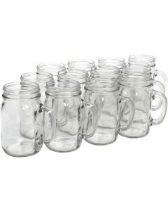 Glass Mason Drinking Mugs with Handle - [16 oz, Regular Mouth, 12-Pack]