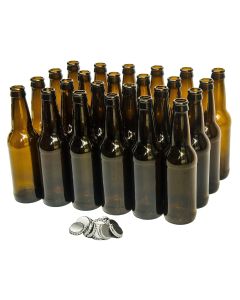 Amber Long Neck Beer Bottles with Crown Caps [12 oz, Amber Glass, Case of 24]