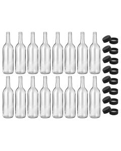 Clear Glass Bordeaux Wine Bottles With Screw Top Finish - [750 ml, Flat Bottom, 28 mm Black Plastic Lids, Case Of 16, Fits 3 Gallons Of Wine]